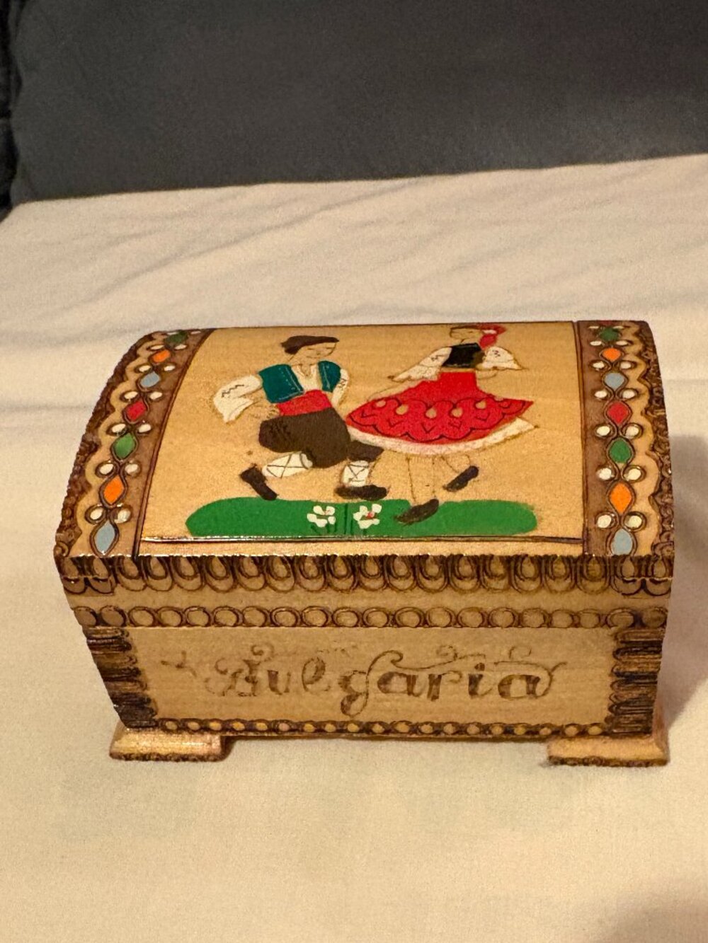 Bulgarian Wood Carved 2009 Pyrographed Trinket Box-Colored Accents-Folk Dancers